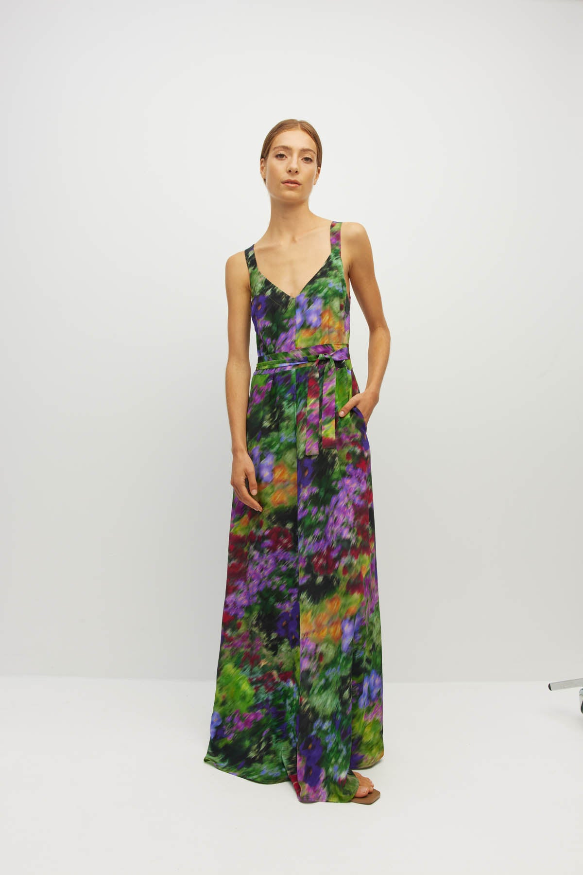 Juliette Hogan Gaelle Dress (Dream in Colour Silk CDC) Spectra - printed silk event maxi dress with wide shoulder straps, V-neckline, and optional waist tie.