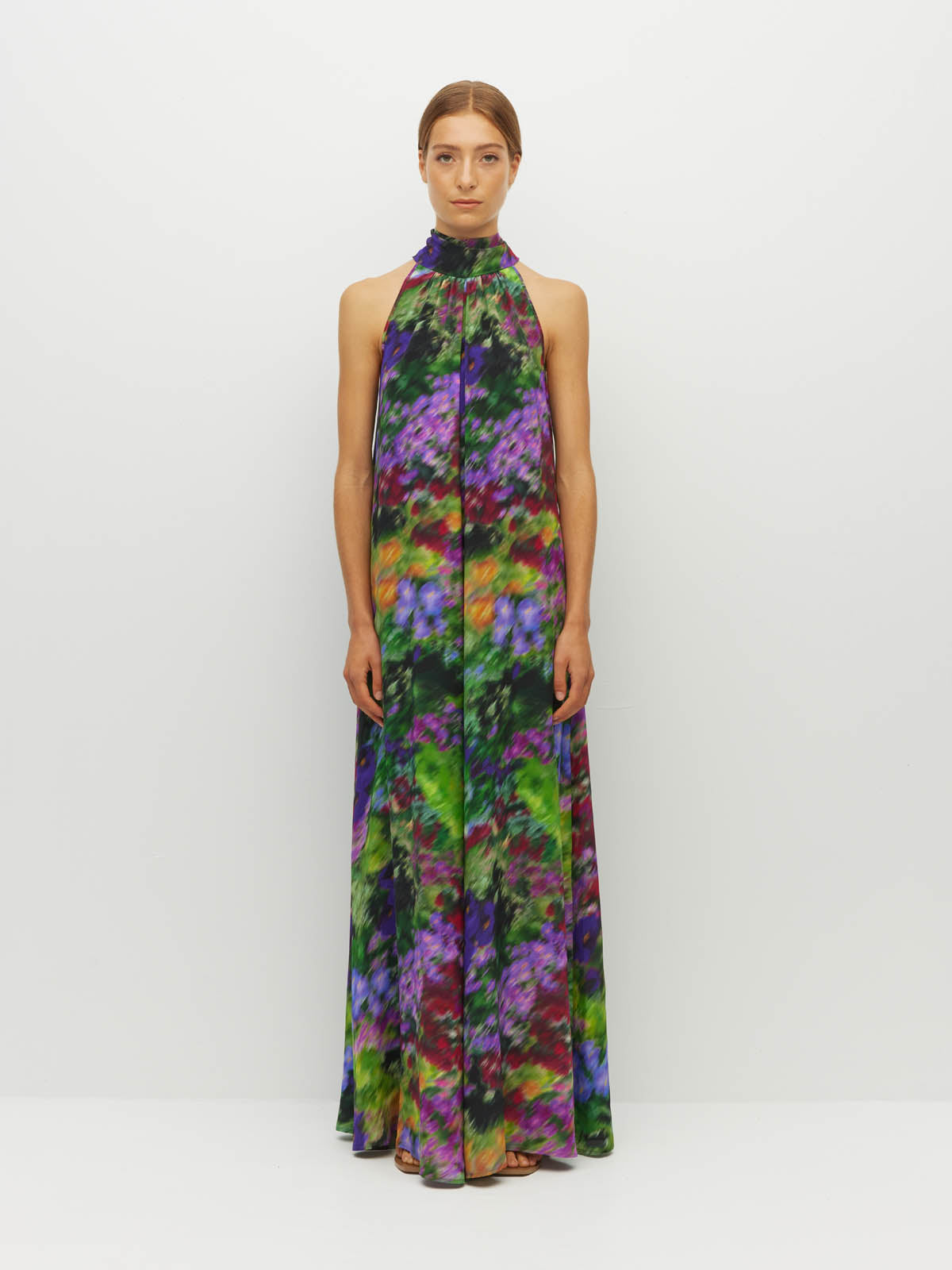 Juliette Hogan Nico Dress (Dream in Colour Silk CDC) Spectra - light, flowing silk maxi dress with high halter neckline, exposed shoulder, and feature neck tie.