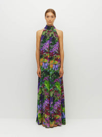 Juliette Hogan Nico Dress (Dream in Colour Silk CDC) Spectra - light, flowing silk maxi dress with high halter neckline, exposed shoulder, and feature neck tie.