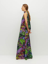 Juliette Hogan Nico Dress (Dream in Colour Silk CDC) Spectra - light, flowing silk maxi dress with high halter neckline, exposed shoulder, and feature neck tie.