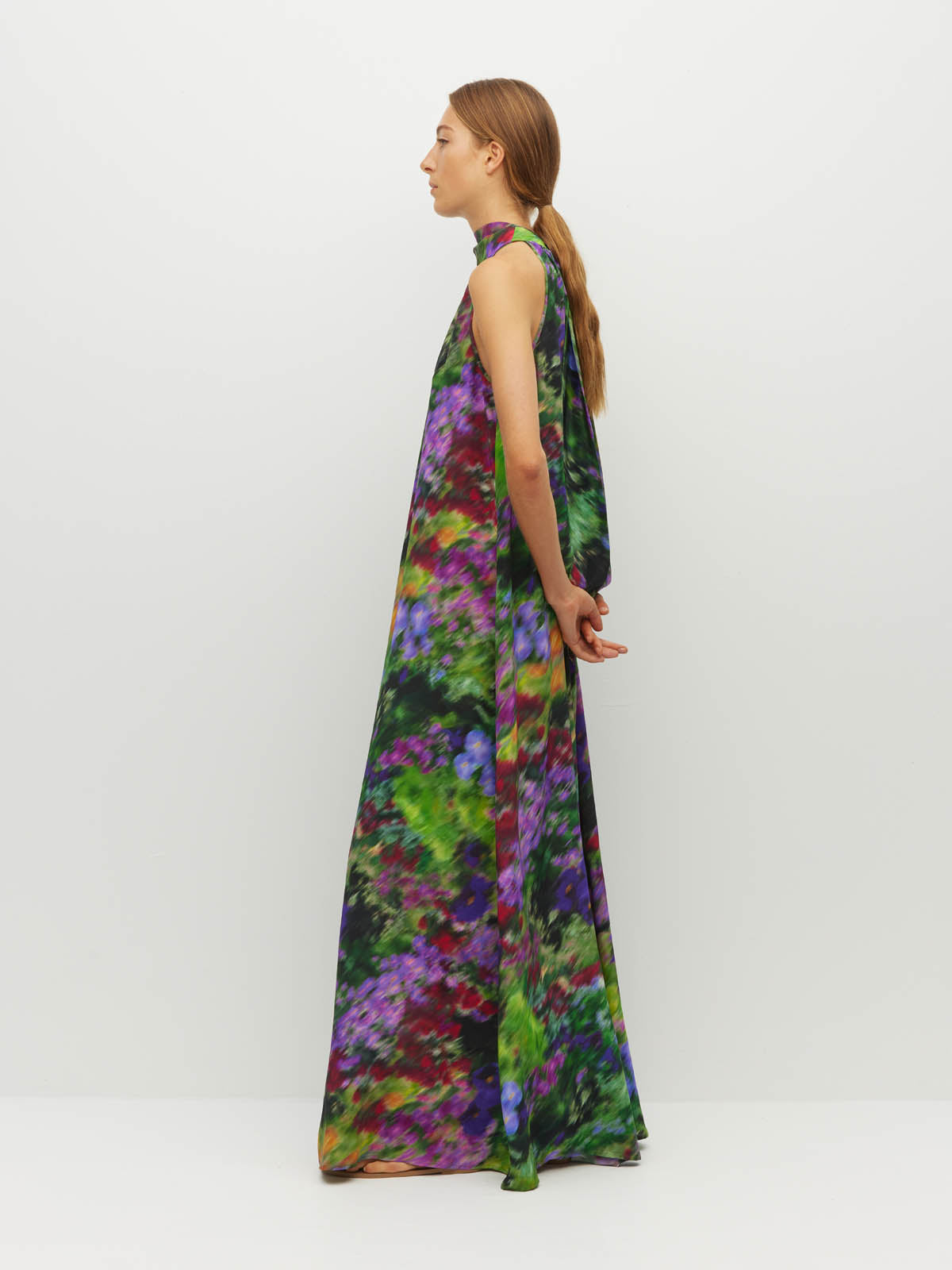 Juliette Hogan Nico Dress (Dream in Colour Silk CDC) Spectra - light, flowing silk maxi dress with high halter neckline, exposed shoulder, and feature neck tie.
