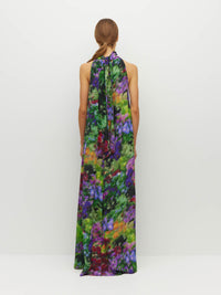 Juliette Hogan Nico Dress (Dream in Colour Silk CDC) Spectra - light, flowing silk maxi dress with high halter neckline, exposed shoulder, and feature neck tie.