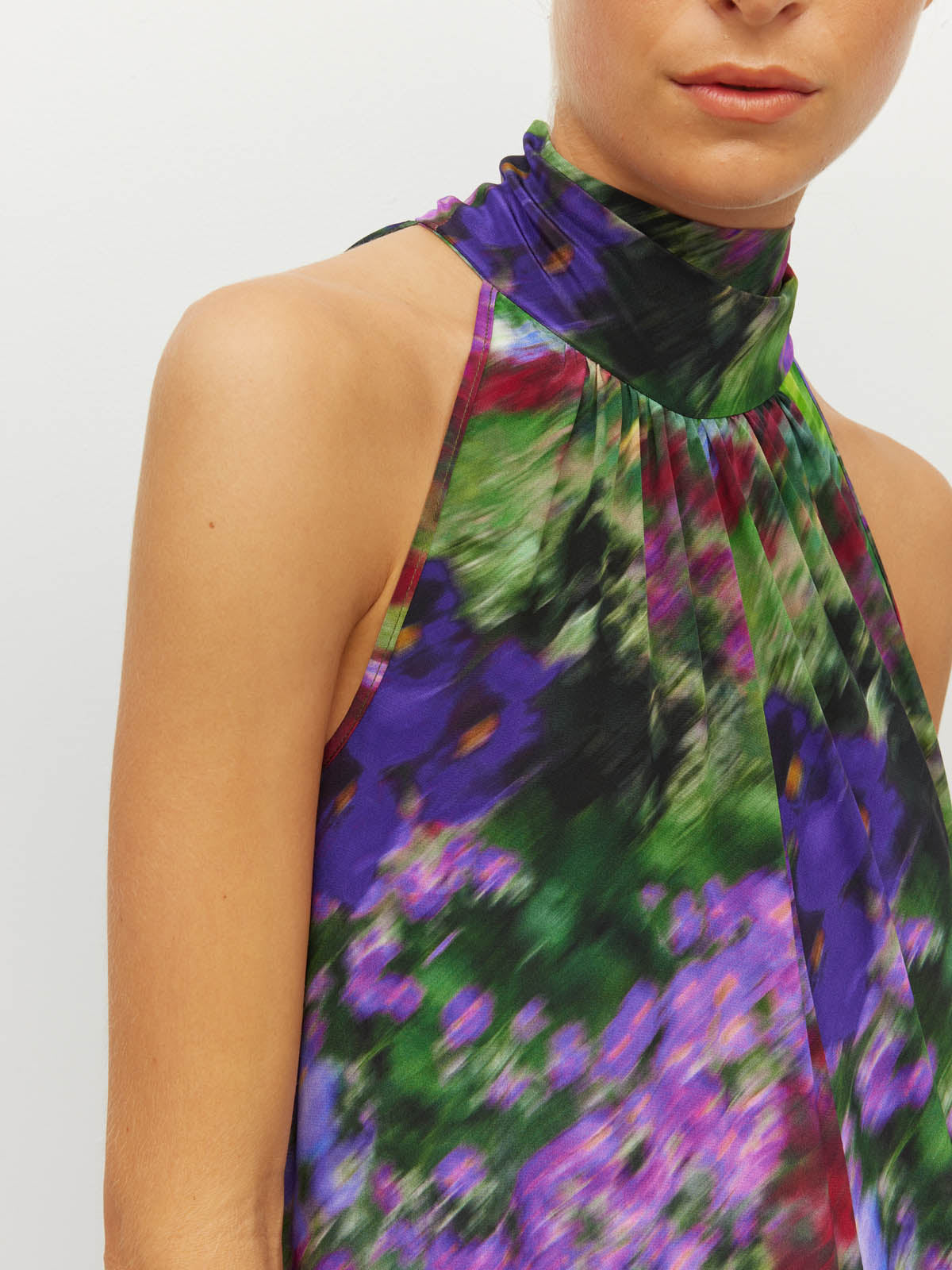Juliette Hogan Nico Dress (Dream in Colour Silk CDC) Spectra - light, flowing silk maxi dress with high halter neckline, exposed shoulder, and feature neck tie.