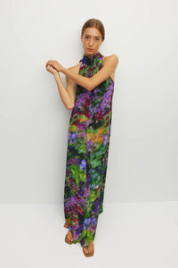 Juliette Hogan Nico Dress (Dream in Colour Silk CDC) Spectra - light, flowing silk maxi dress with high halter neckline, exposed shoulder, and feature neck tie.