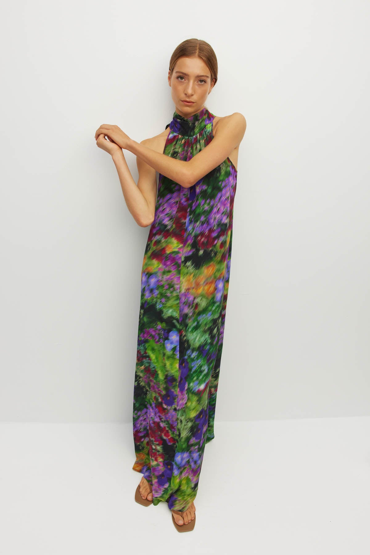 Juliette Hogan Nico Dress (Dream in Colour Silk CDC) Spectra - light, flowing silk maxi dress with high halter neckline, exposed shoulder, and feature neck tie.
