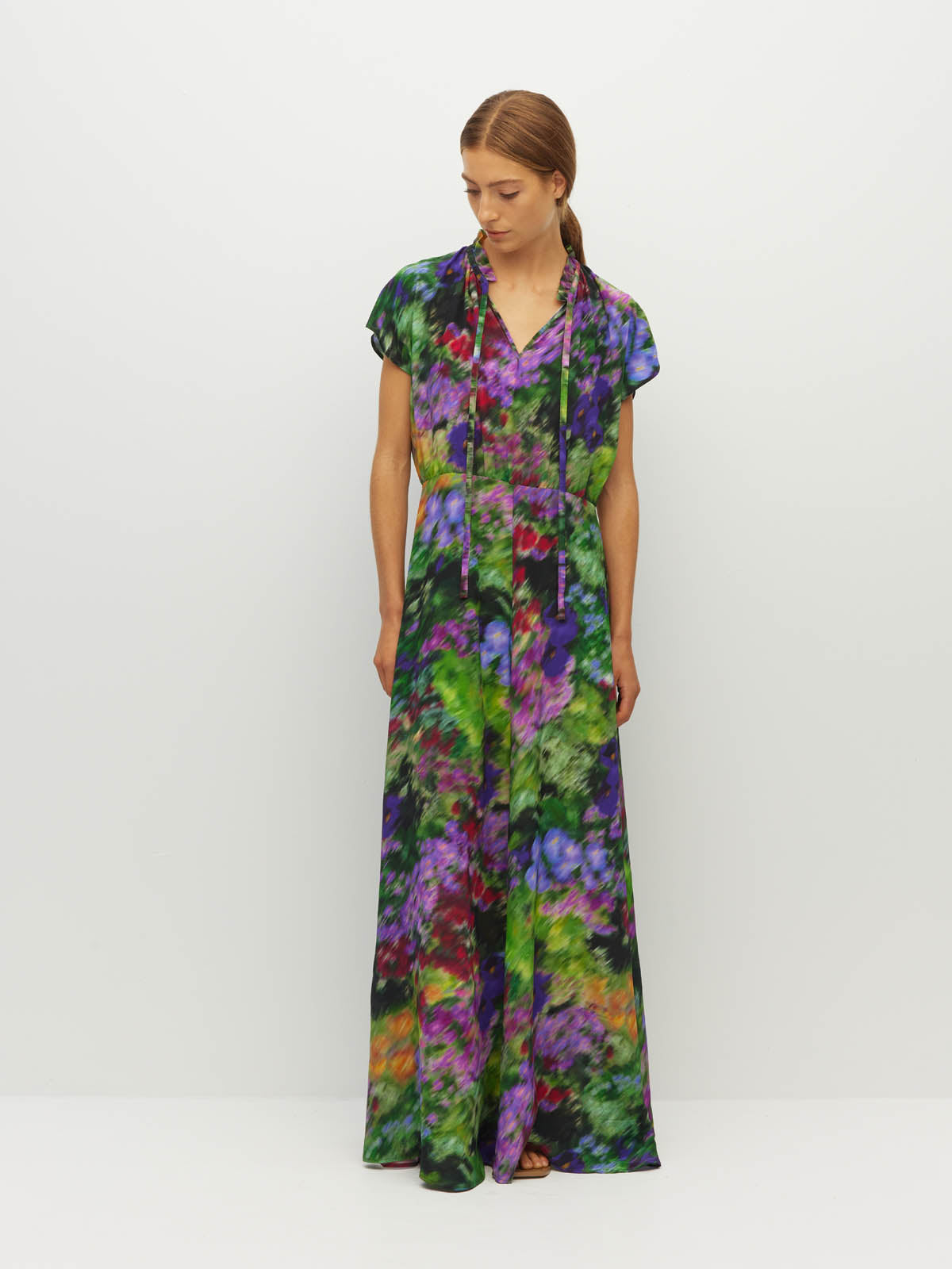 Juliette Hogan Pamela Dress (Dream in Colour Silk CDC) Spectra - silk maxi dress with ruffle collar and tie, cap sleeves, and set waist.