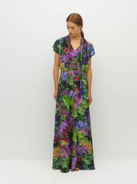 Juliette Hogan Pamela Dress (Dream in Colour Silk CDC) Spectra - silk maxi dress with ruffle collar and tie, cap sleeves, and set waist.