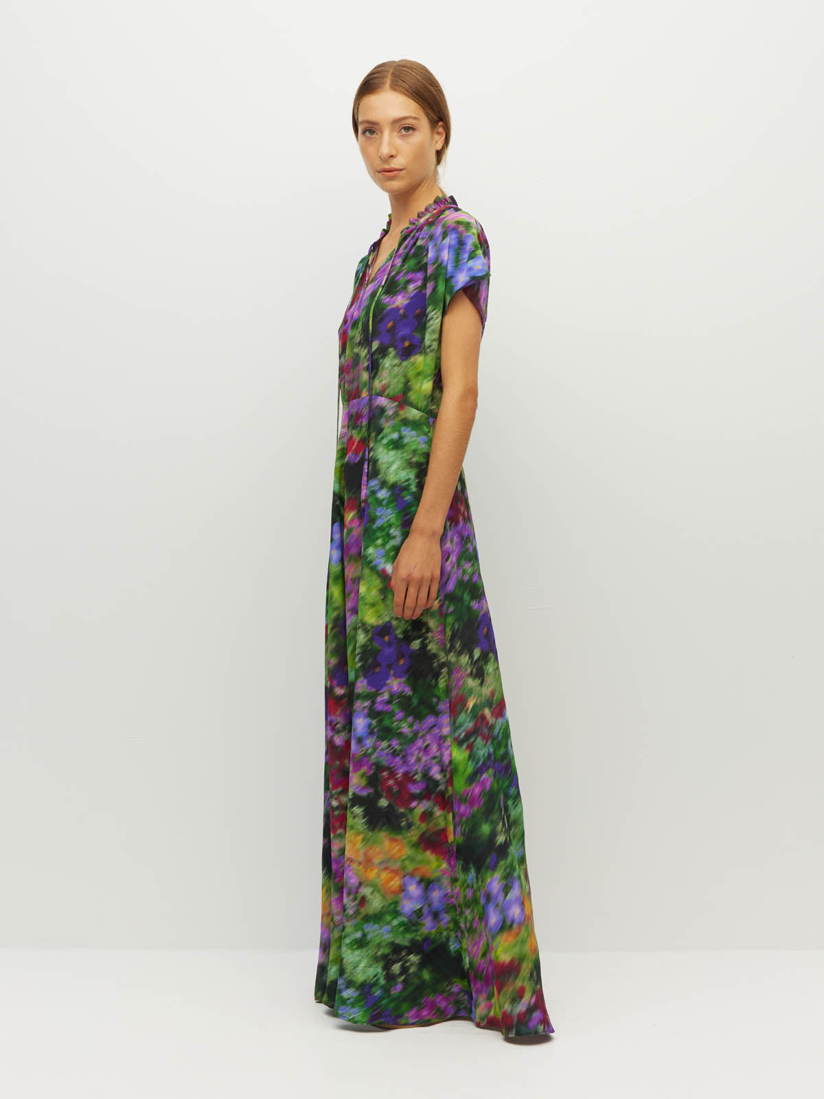 Juliette Hogan Pamela Dress (Dream in Colour Silk CDC) Spectra - silk maxi dress with ruffle collar and tie, cap sleeves, and set waist.