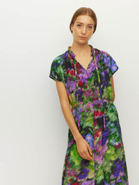Juliette Hogan Pamela Dress (Dream in Colour Silk CDC) Spectra - silk maxi dress with ruffle collar and tie, cap sleeves, and set waist.