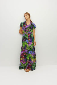 Juliette Hogan Pamela Dress (Dream in Colour Silk CDC) Spectra - silk maxi dress with ruffle collar and tie, cap sleeves, and set waist.