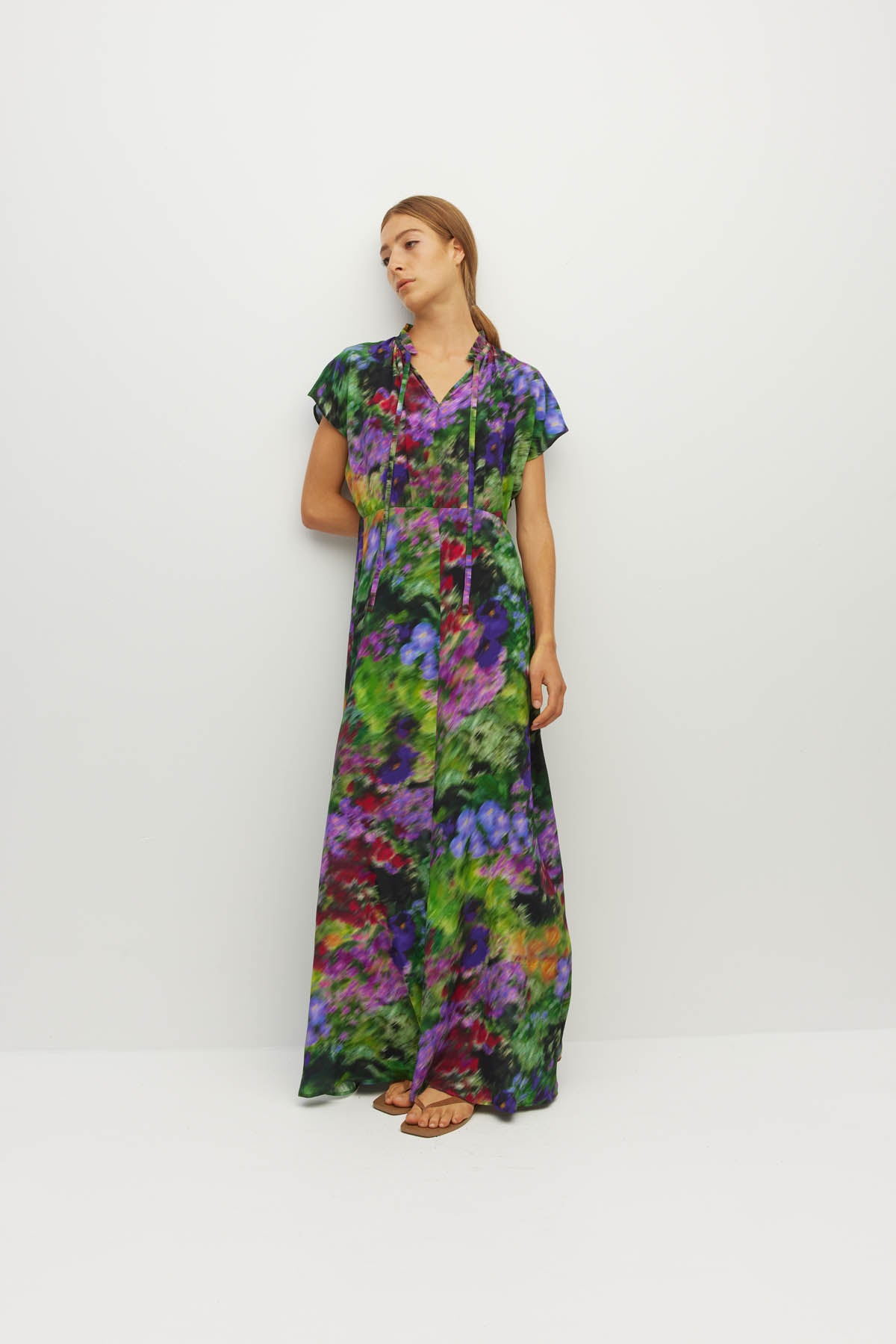 Juliette Hogan Pamela Dress (Dream in Colour Silk CDC) Spectra - silk maxi dress with ruffle collar and tie, cap sleeves, and set waist.