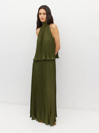 Juliette Hogan Amira Dress (Matte Pleat) Olive - pleated event dress with high tie neckline, elasticated waist, and ankle-length hem.