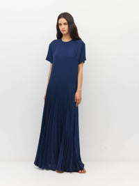 Juliette Hogan Bettina Dress (Matte Pleat) Navy - boxy T-shirt bodice dress with drop waist and sunray pleated skirt.