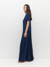 Juliette Hogan Bettina Dress (Matte Pleat) Navy - boxy T-shirt bodice dress with drop waist and sunray pleated skirt.