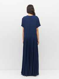 Juliette Hogan Bettina Dress (Matte Pleat) Navy - boxy T-shirt bodice dress with drop waist and sunray pleated skirt.