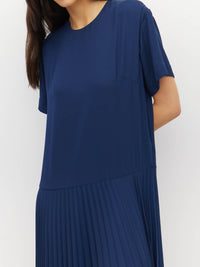 Juliette Hogan Bettina Dress (Matte Pleat) Navy - boxy T-shirt bodice dress with drop waist and sunray pleated skirt.
