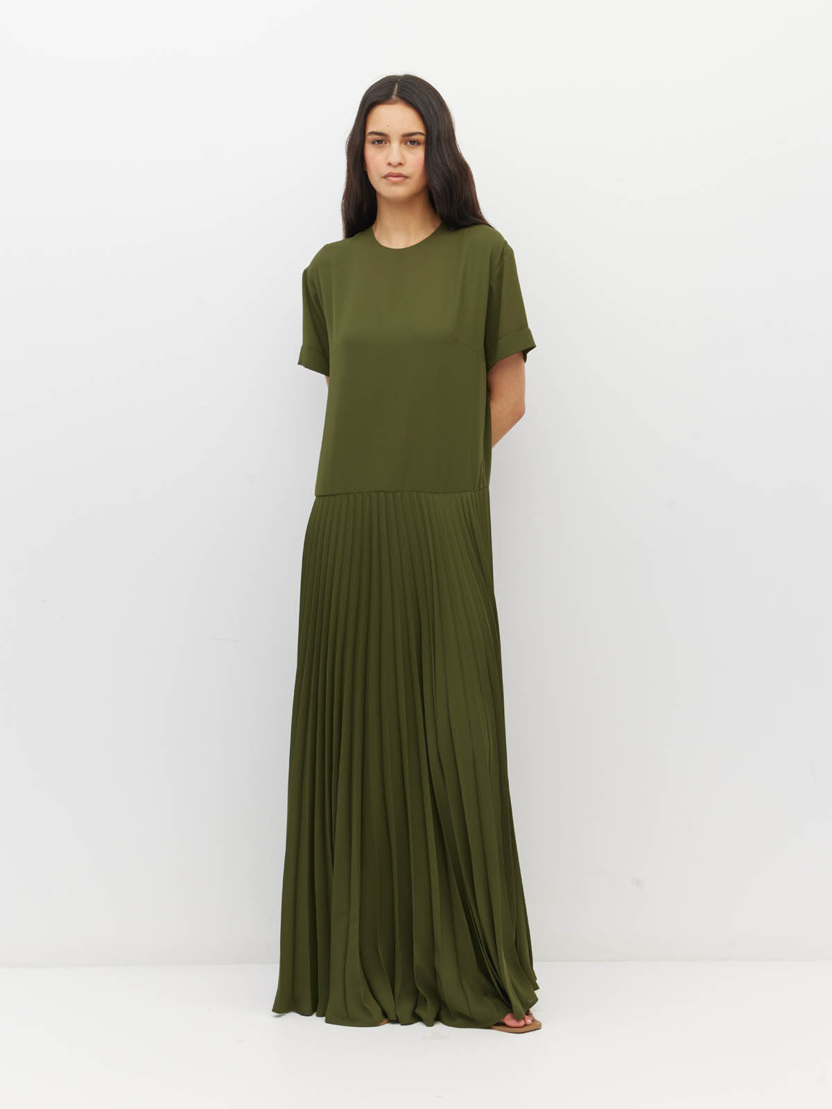 Juliette Hogan Bettina Dress (Matte Pleat) Olive - boxy T-shirt bodice dress with drop waist and sunray pleated skirt.