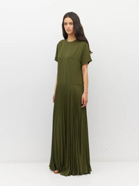 Juliette Hogan Bettina Dress (Matte Pleat) Olive - boxy T-shirt bodice dress with drop waist and sunray pleated skirt.