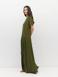 Juliette Hogan Bettina Dress (Matte Pleat) Olive - boxy T-shirt bodice dress with drop waist and sunray pleated skirt.