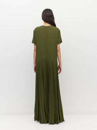 Juliette Hogan Bettina Dress (Matte Pleat) Olive - boxy T-shirt bodice dress with drop waist and sunray pleated skirt.