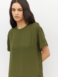 Juliette Hogan Bettina Dress (Matte Pleat) Olive - boxy T-shirt bodice dress with drop waist and sunray pleated skirt.