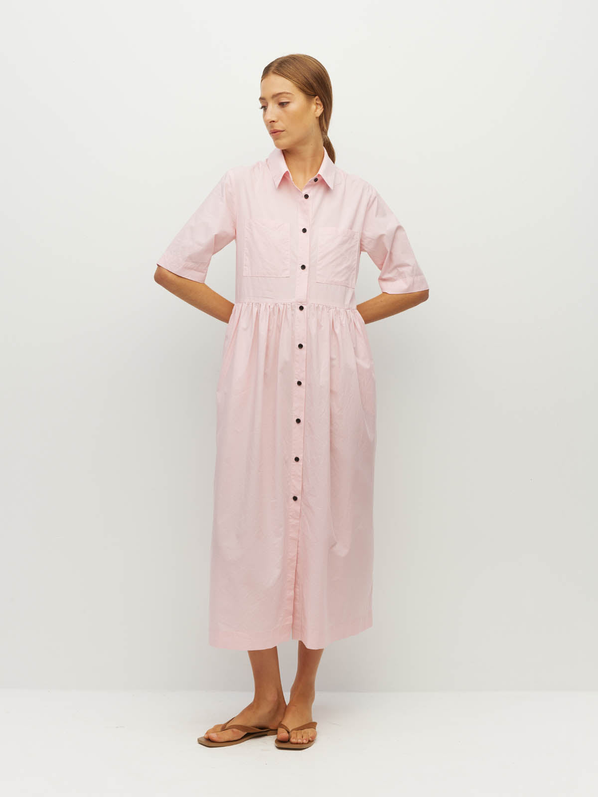 Juliette Hogan Milicent Shirtdress (Pastel Cotton) Pale Pink - relaxed cotton shirtdress with collar, contrast buttons, and gathered skirt, machine washable.