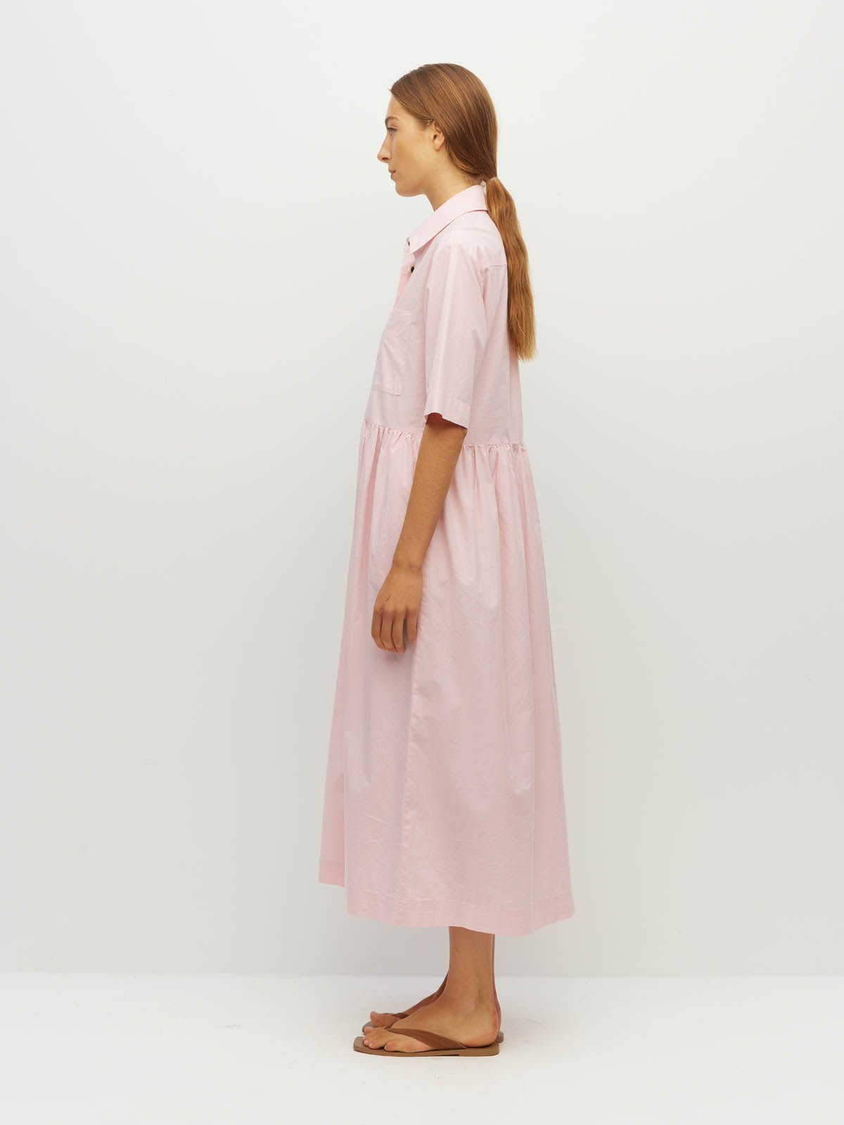 Juliette Hogan Milicent Shirtdress (Pastel Cotton) Pale Pink - relaxed cotton shirtdress with collar, contrast buttons, and gathered skirt, machine washable.