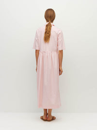 Juliette Hogan Milicent Shirtdress (Pastel Cotton) Pale Pink - relaxed cotton shirtdress with collar, contrast buttons, and gathered skirt, machine washable.