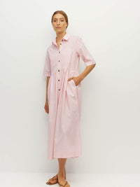 Juliette Hogan Milicent Shirtdress (Pastel Cotton) Pale Pink - relaxed cotton shirtdress with collar, contrast buttons, and gathered skirt, machine washable.