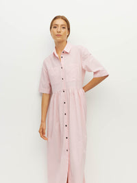 Juliette Hogan Milicent Shirtdress (Pastel Cotton) Pale Pink - relaxed cotton shirtdress with collar, contrast buttons, and gathered skirt, machine washable.