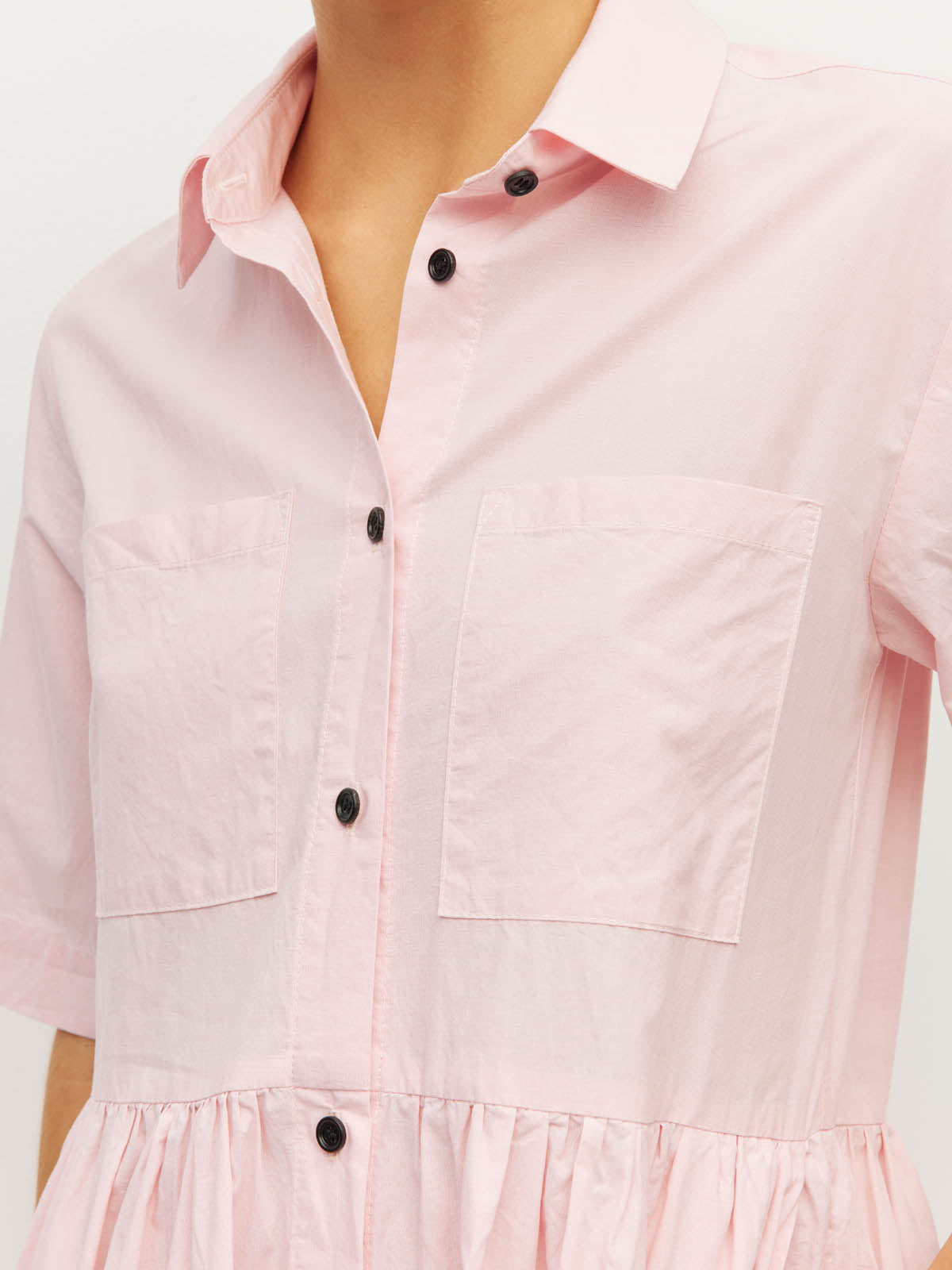 Juliette Hogan Milicent Shirtdress (Pastel Cotton) Pale Pink - relaxed cotton shirtdress with collar, contrast buttons, and gathered skirt, machine washable.