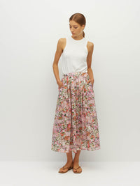 Juliette Hogan Arcade Skirt (Peony Fields Cotton) Taffy - printed cotton midi skirt with elasticated waist and in-seam side pockets.