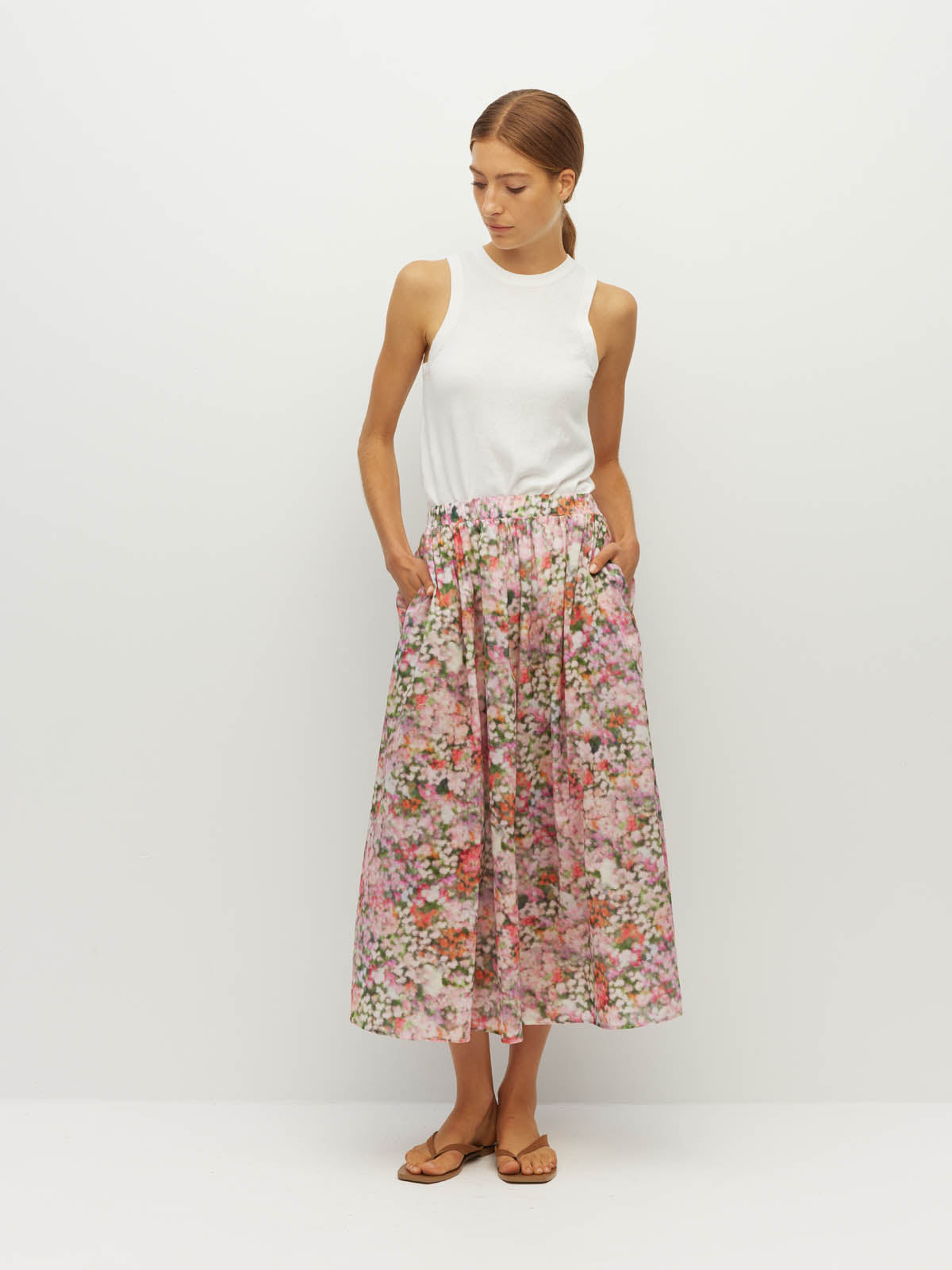 Juliette Hogan Arcade Skirt (Peony Fields Cotton) Taffy - printed cotton midi skirt with elasticated waist and in-seam side pockets.