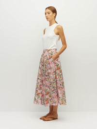 Juliette Hogan Arcade Skirt (Peony Fields Cotton) Taffy - printed cotton midi skirt with elasticated waist and in-seam side pockets.