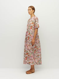 Juliette Hogan Dima Tunic (Peony Fields Cotton) Taffy - printed cotton tunic dress with adjustable tie waist, crew neckline, and side seam pockets.