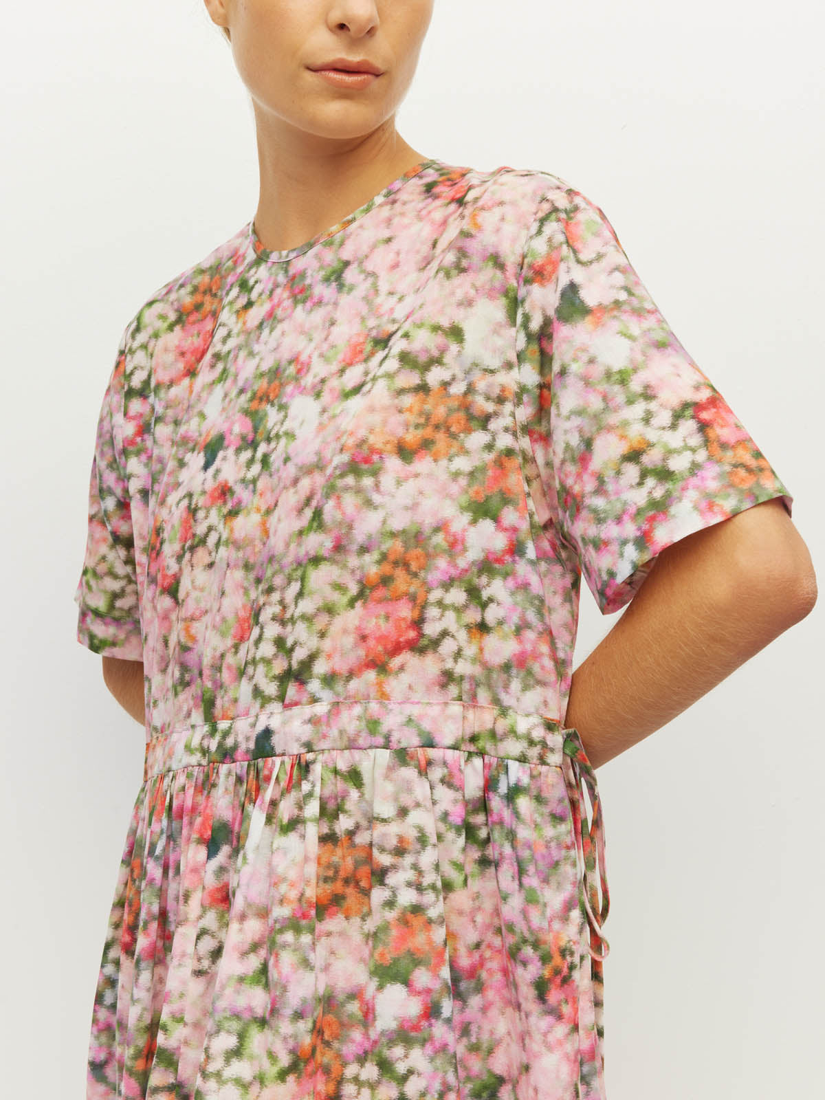 Juliette Hogan Dima Tunic (Peony Fields Cotton) Taffy - printed cotton tunic dress with adjustable tie waist, crew neckline, and side seam pockets.
