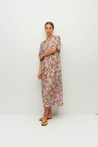Juliette Hogan Dima Tunic (Peony Fields Cotton) Taffy - printed cotton tunic dress with adjustable tie waist, crew neckline, and side seam pockets.