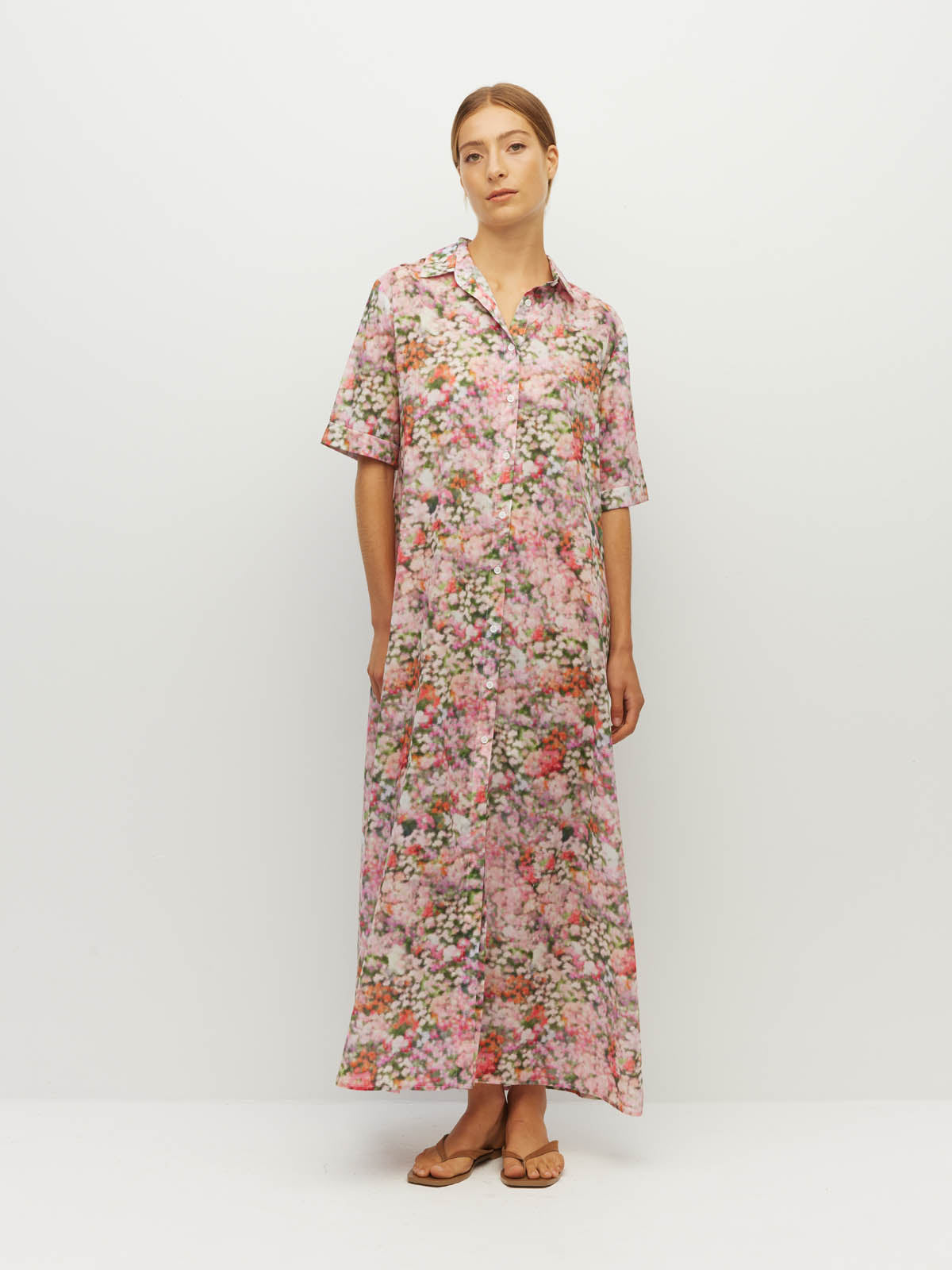 Juliette Hogan Isle Shirtdress (Peony Fields Cotton) Taffy - printed cotton shirtdress with shirt collar, elbow-length sleeves, and ankle-length hem.