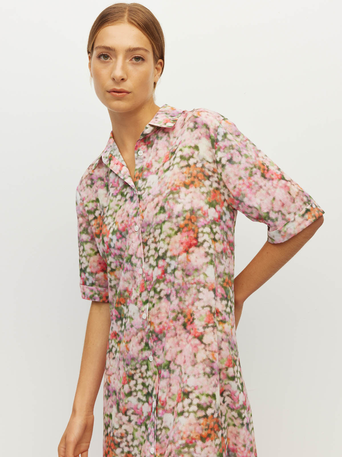 Juliette Hogan Isle Shirtdress (Peony Fields Cotton) Taffy - printed cotton shirtdress with shirt collar, elbow-length sleeves, and ankle-length hem.