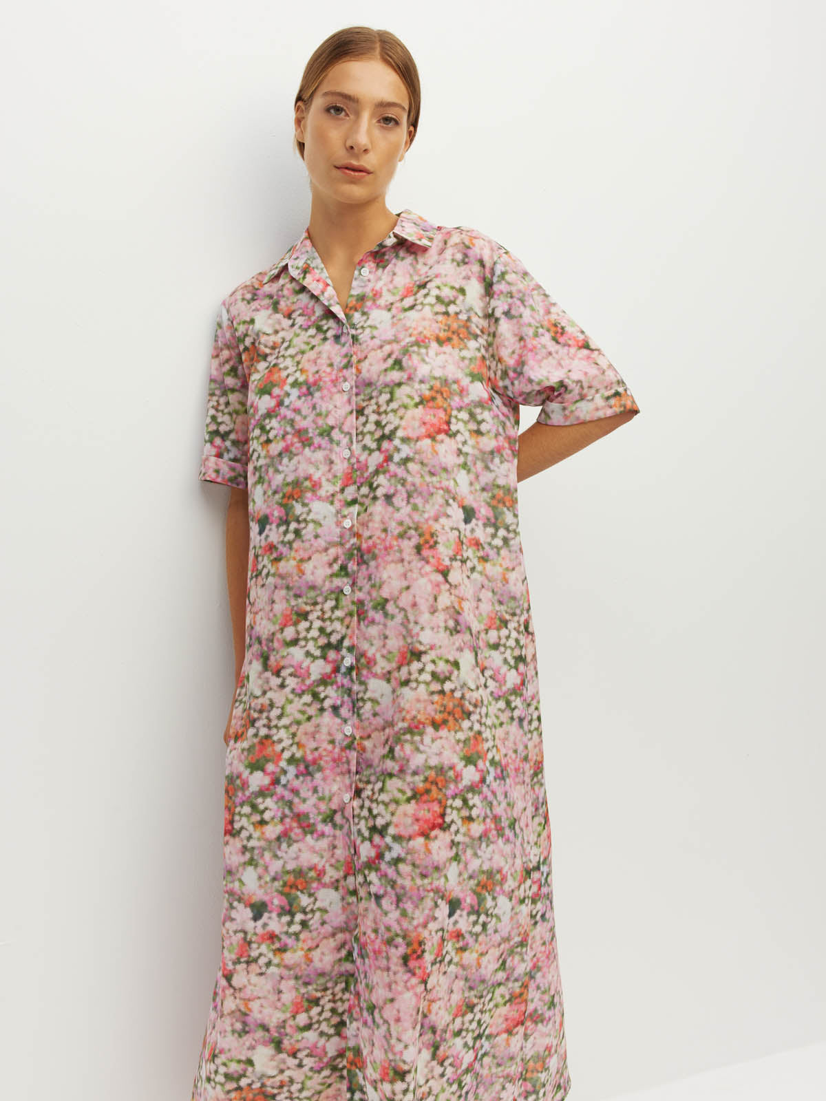 Juliette Hogan Isle Shirtdress (Peony Fields Cotton) Taffy - printed cotton shirtdress with shirt collar, elbow-length sleeves, and ankle-length hem.