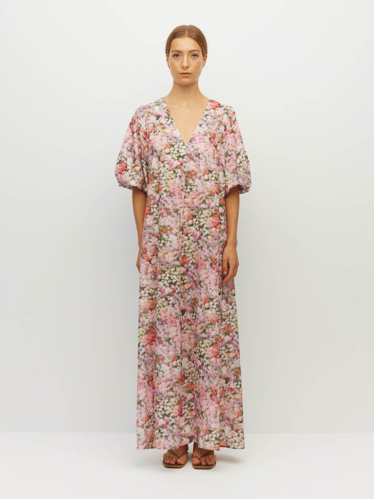 Juliette Hogan Piper Dress (Peony Fields Cotton) Taffy - printed cotton maxi dress with deep V-neckline, puff sleeves, and A-line ankle-length skirt.