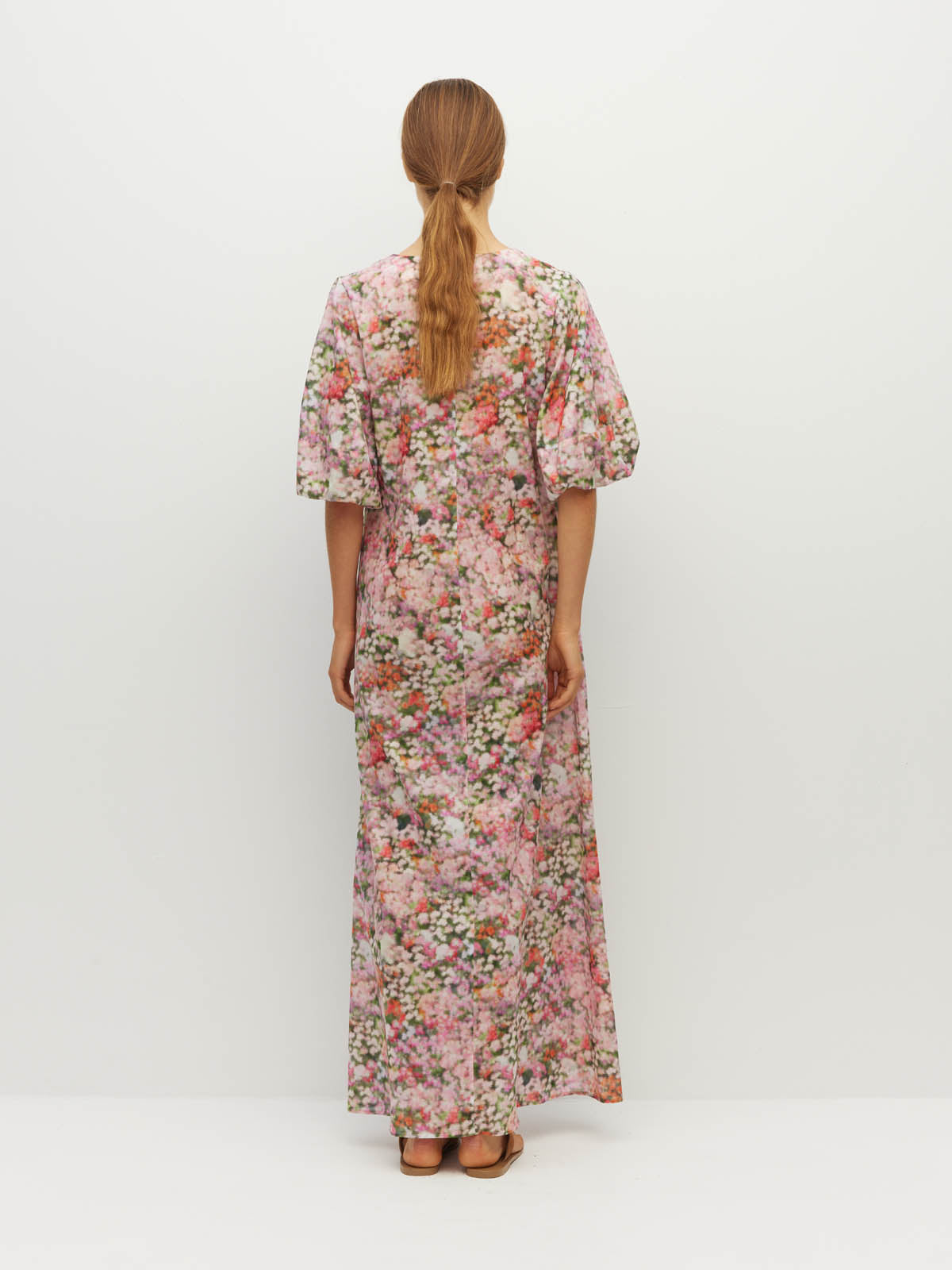 Juliette Hogan Piper Dress (Peony Fields Cotton) Taffy - printed cotton maxi dress with deep V-neckline, puff sleeves, and A-line ankle-length skirt.