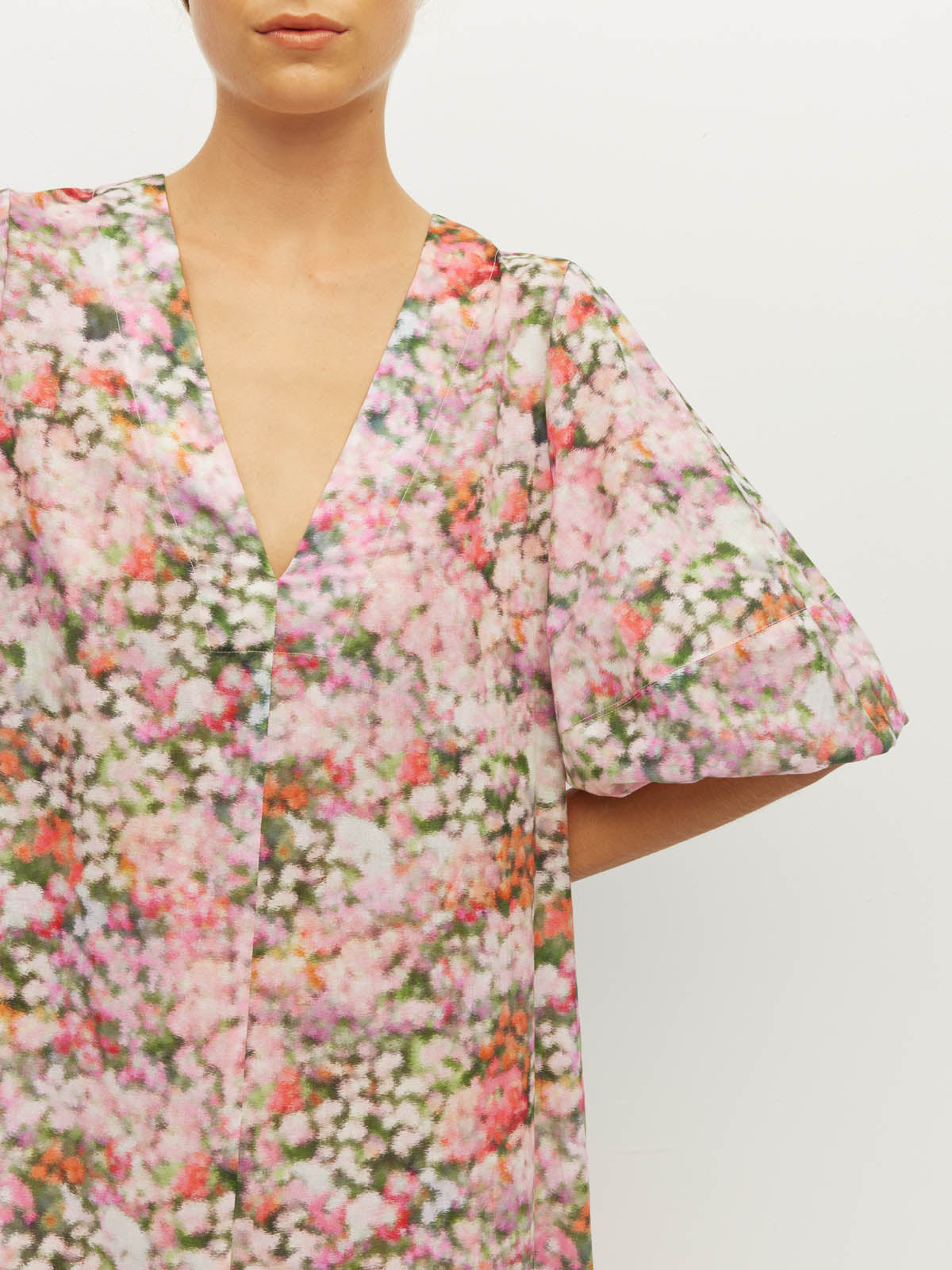 Juliette Hogan Piper Dress (Peony Fields Cotton) Taffy - printed cotton maxi dress with deep V-neckline, puff sleeves, and A-line ankle-length skirt.
