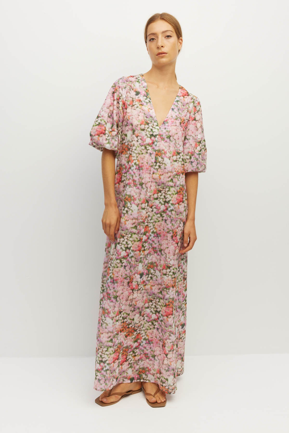 Juliette Hogan Piper Dress (Peony Fields Cotton) Taffy - printed cotton maxi dress with deep V-neckline, puff sleeves, and A-line ankle-length skirt.