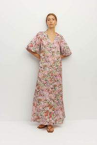 Juliette Hogan Piper Dress (Peony Fields Cotton) Taffy - printed cotton maxi dress with deep V-neckline, puff sleeves, and A-line ankle-length skirt.