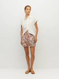 Juliette Hogan Robin Short (Peony Fields Cotton) Taffy - printed elasticated cotton shorts with drawcord waist and side seam pockets, mid-thigh length.