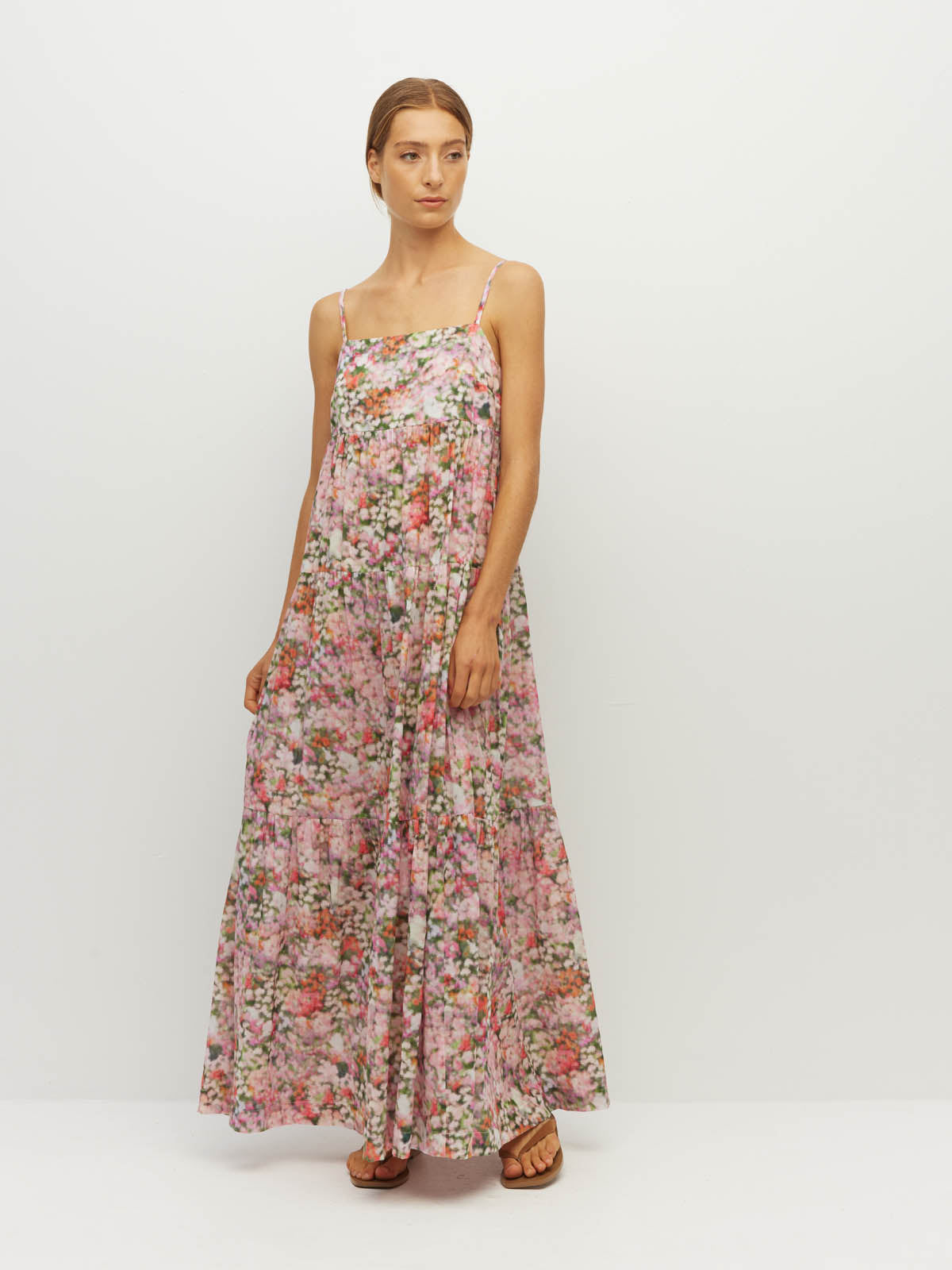 Juliette Hogan Rosa Dress (Peony Fields Cotton) Taffy - printed cotton maxi dress with elasticated back bodice and tiered skirt.