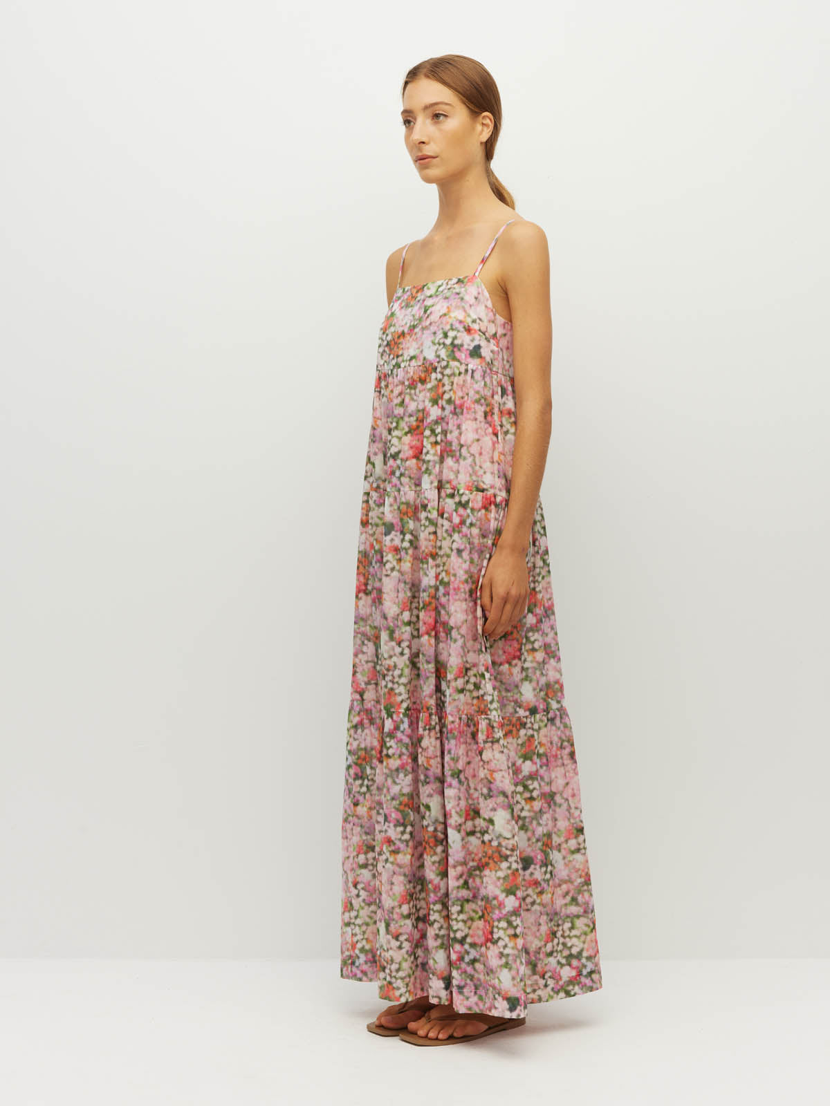 Juliette Hogan Rosa Dress (Peony Fields Cotton) Taffy - printed cotton maxi dress with elasticated back bodice and tiered skirt.
