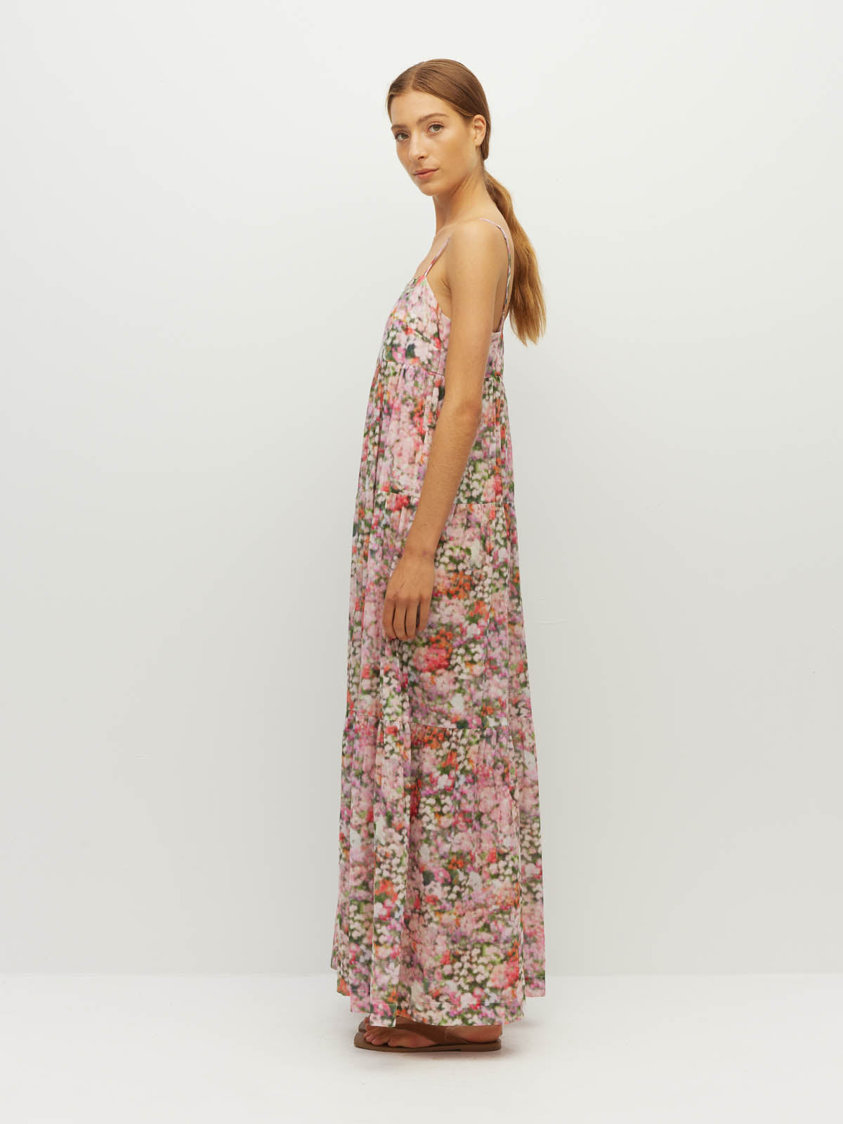 Juliette Hogan Rosa Dress (Peony Fields Cotton) Taffy - printed cotton maxi dress with elasticated back bodice and tiered skirt.