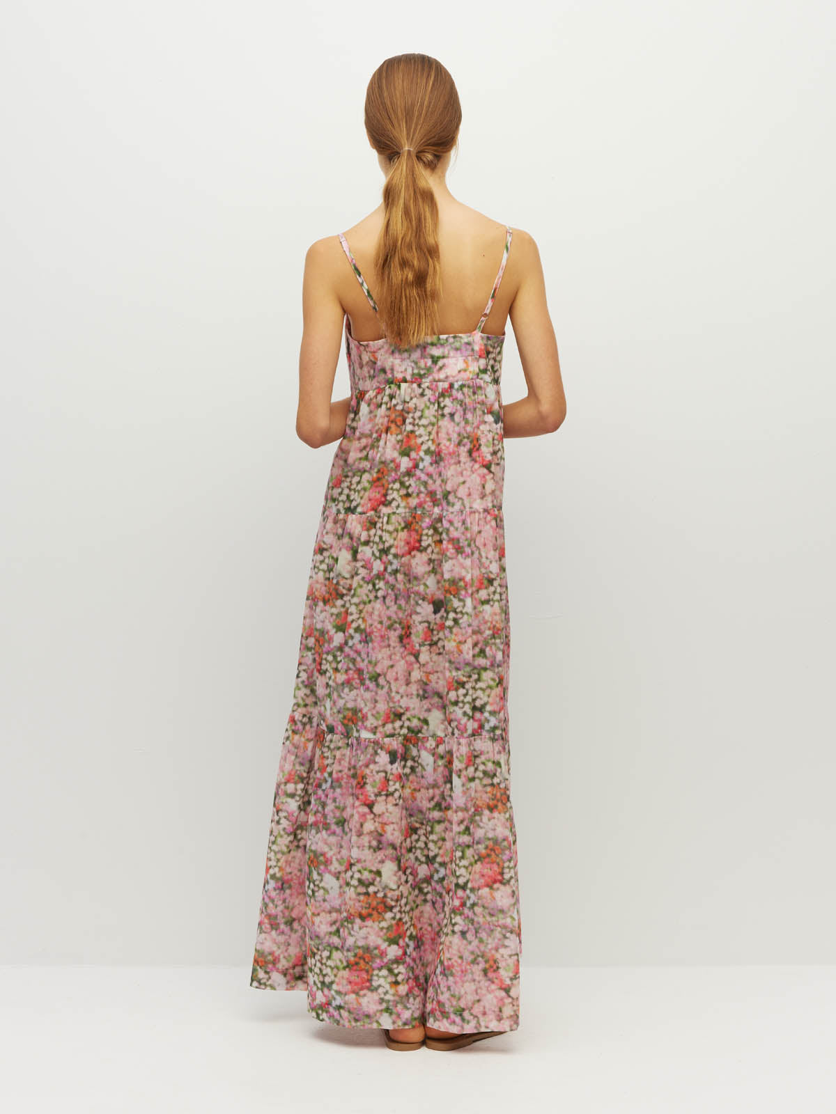 Juliette Hogan Rosa Dress (Peony Fields Cotton) Taffy - printed cotton maxi dress with elasticated back bodice and tiered skirt.